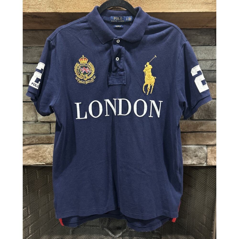 Men’s POLO Ralph Lauren Blue Custom Fit LONDON #2 Shirt Size L *C8